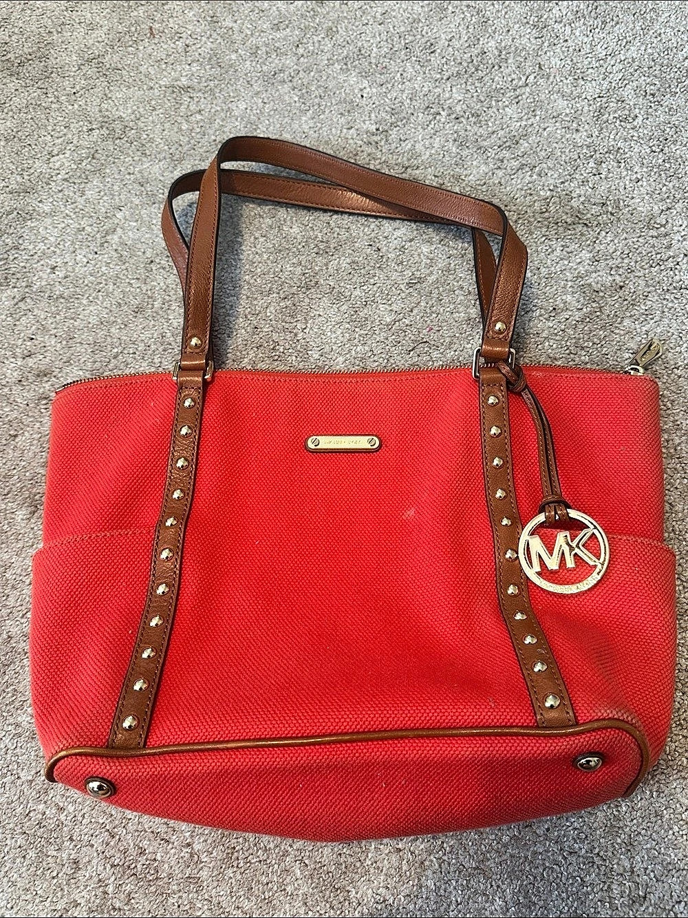 Michael Kors Red & Brown Studded Tote Bag